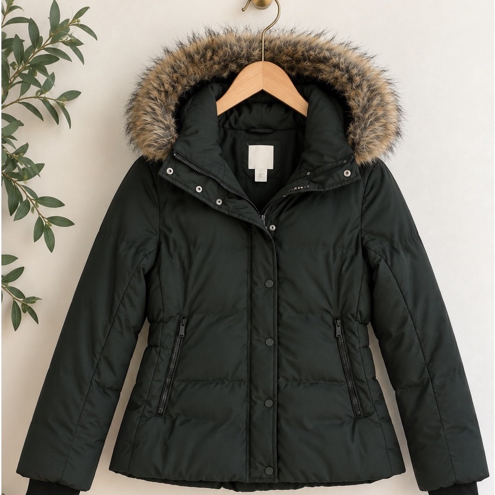 HM Womens Black Puffer Jacket Faux Fur Hood Fleece Lined Size 14 Quilted Coat